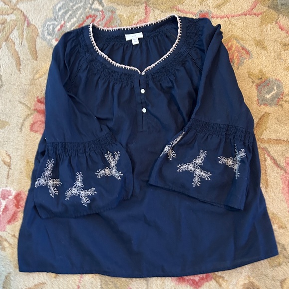 J. Jill Tops - J. Jill Navy Blue Peasant Embroidered Bell Sleeve top - petite large - navy/tan